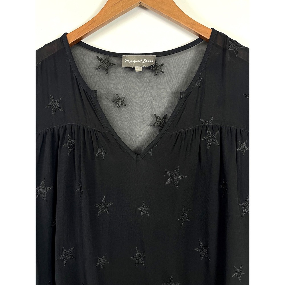 Michael Stars  Embroidered V-Neck Bell Sleeve Top L Black Boho Whimsigoth Witchy - Picture 4 of 12